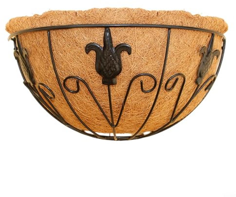 Cestino per fiori da parete, vaso semicircolare creativo da appendere alla parete, in ferro nero, con fodera in cocco per esporre pothos, balcone, decorazione da giardino