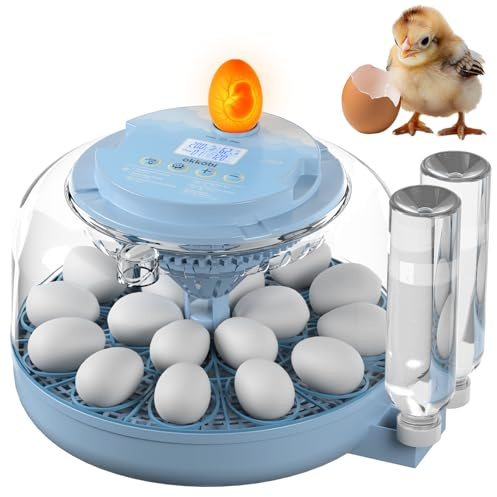 Okköbi 18 Egg Incubator with Automatic Egg Turning and Humidity Control – Egg Incubators for Hatching Eggs – Water Bottle Refill, Egg Candler, Air Vent, 360° View, Temperature Control, LED display