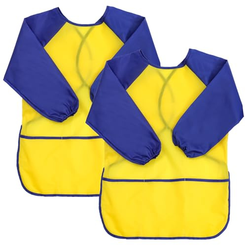 XIEJINJIA 2 Pack Kids Art Smock with Long Sleeve 3 Roomy Pockets Artist Children Play Aprons for Age 3-8 Painting Craft(Yellow)
