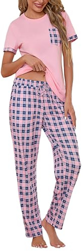 Litherday Ensemble Pyjama Femme Coton Haut Poche Rose L