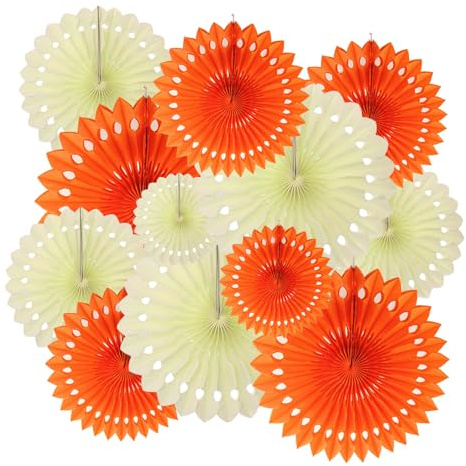 ZYOOO Décoration de Fête Orange,Lot de 12 Éventails en Papier Suspendus Orange Beige Guirlande Deco pour Mariage,Anniversaire,Baptême,Baby Shower,Automne