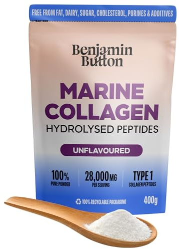 Benjamin Button Pure Marine Collagen Powder - Hydrolysed Peptides (Type I) from Wild-Caught Fish - Unflavoured, 400g - Hair, Skin, Nail, Joint & Bone Support - Halal, Keto & Paleo Friendly