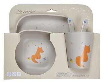 Sterntaler Geschirrset Fuchs Filou - 5-teilig - modische, eckige Form mit Druckmotiv - Teller, Schale, Trinkbecher & Besteck - langlebig & lebensmittelecht - Geschenk-Set für Kinder, lichtgrau