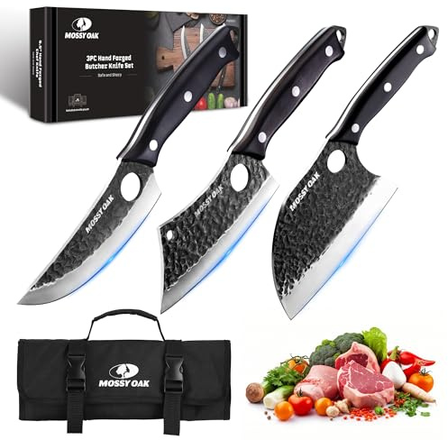 Mossy Oak Butcher Knife Set, 3PCS Hand Forged Chef Knives with Oxford Roll Bag, Meat Cleavers Full Tang Handle for Cutting, Boning and Chopping, Kitchen Knives for Outdoor Cooking, Camping