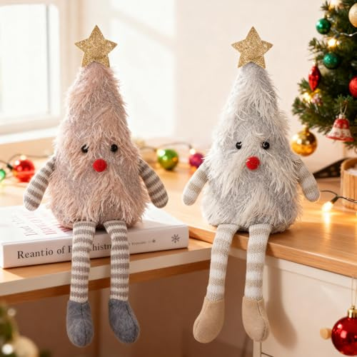 Weihnachtsdeko 2 Stück Weihnachtswichtel Figuren in Weihnachtsbaum Form, Weihnachtsbaum Plüsch Puppe mit Langen Beinen, Handgemachte Weihnachtswichtel Weihnachtsfiguren für Weihnachtsdeko Innen(02)