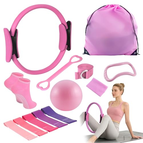 Aischens Juego de Anillo de Pilates-13 Piezas, con Aros de Pilates, Mini Pelota, Banda de Fitness, Bandas elásticas y Accesorios de Entrenamiento, Kit de Anillos de Pilates para Fitness
