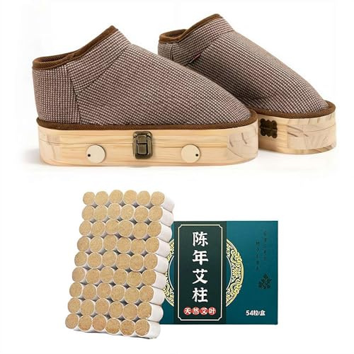 Moxibustion Shoes Stick Box,Mugwort Moxibustion Box Heat Packs Tool for Foot, Moxibustion Shoes for Feet, Open Flame Suspension Moxibustion Shoes, Wooden Sole Foot Therapy for Men and Women