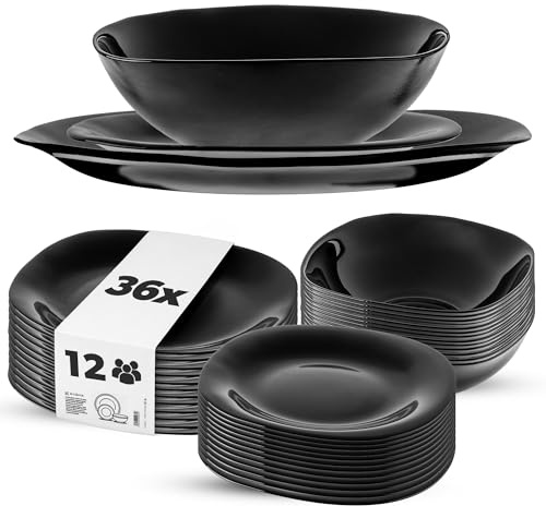 KADAX Set di stoviglie per 12 persone, 36 pezzi, servizio da tavola con piatto fondo, piatto da dessert e piatti piani, stoviglie, set di piatti (nero)