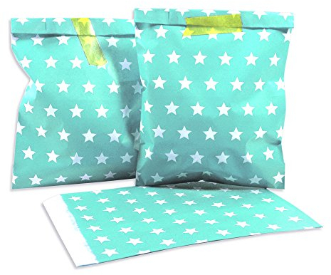 Frau WunderVoll® 25 PAPIERTÜTEN TÜRKIS, Sterne 13 x 16,5 cm, 45 Gramm Papier, flach/Candy Bar, Hochzeit, Kindergeburtstag, Papiertütchen, Candybag, Tüten, Mitgebseltüten
