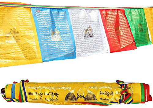 Grüne Tara Mantra,Gandhanra Tibetische Gebetsfahnen Golddruck,Windpferdflagge,Lungta Flaggen,für Buddhistische Altäre, Meditationsräume, Außendekoration,3m lang 10 fahnen