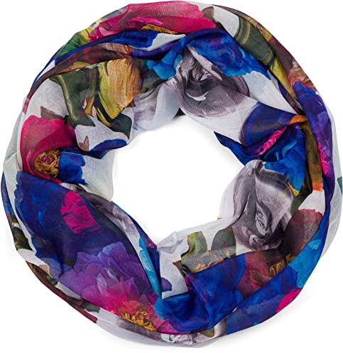 styleBREAKER Damen Loop Schal mit buntem Blumen Muster, leichter sommerlicher Schlauchschal mehrfarbig 01016217, Farbe:Blau-Violett