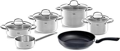 Fissler San Francisco/Edelstahl-Topfset Induktion, 6-teilig, Töpfe mit Glas-Deckel (3 Kochtöpfe, 1 Bratentopf, Stielkasserolle) + Gratis Pfanne Cenit, 040-113-06-000/0, Silber