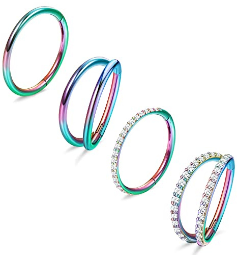 Dochais 4PCS 18G Nose Rings Hoop, Surgical Steel Earrings Tragus Septum Piercing CZ Clicker Ring, Hinged Segment Conch Lip Cartilage Double Hoops 8mm 10mm for Women Men (Colorful-18G,10mm)