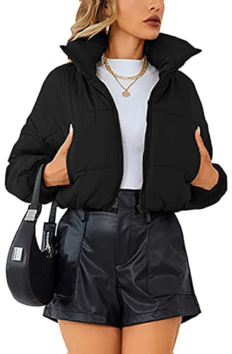 Lumister Womens Lightweight Quilted Jacket Long Sleeve Stand Collar Zipper Cropped Puffer Jacket Coat(0407-Black-M)