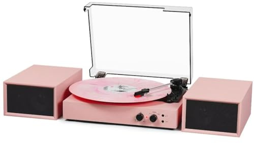 Vinylskivspelare med externa högtalare, vintage 3-växlad skivspelare med dubbla högtalare, Bluetooth-musikuppspelning, MP3-PC-kodning, AUX-ingång hörlursuttag och RCA-utgång, rosa