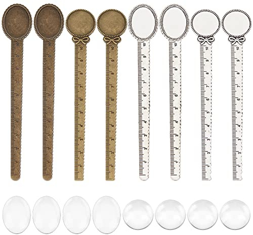 SUNNYCLUE 1boîte 16pièces Bricolage 8 Ensembles de Signets Style Vintage Kit de Fabrication de Signets Règle Métal Marque-Pages Plateaux Verre Clair Dôme Cabochon Ovale Rond Blanc Fleur Motif Plateau