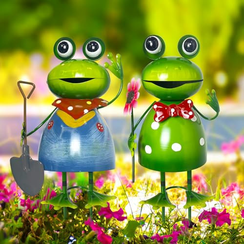 HONGLAND Lot de 2 décorations de jardin en métal pour l'extérieur, en forme de grenouille mignonne, figurine de grenouilles printanières 3D, cadeaux pour grand-mère et maman