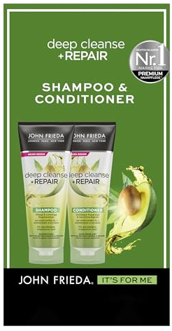 John Frieda Deep Cleanse & Repair Set - Shampoo, 250ml & Conditioner, 250ml - Haartyp: geschädigt, strapaziert - Pflege & sofortige Regeneration - Mit nährender Avocado