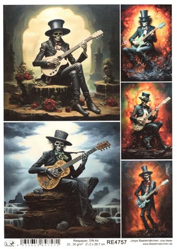 Josys Bastelmärchen Reispapier A4 Strohseide Decoupage Halloween Skelett Skull Gitarre RE4757