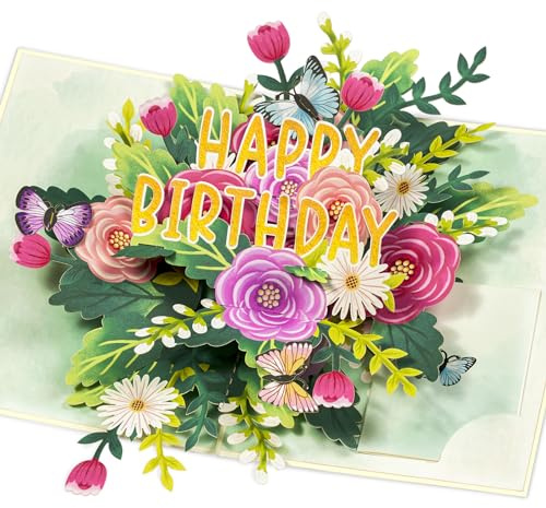 POPWOW Happy Birthday Pop Up Card, Flowers and Butterflies, Floral 3D Greeting Card, Gift for Mom, Sister, Women, Grandma, Stepmother, Aunt, Daughter, 5x7 - Includes Envelope And Message Note
