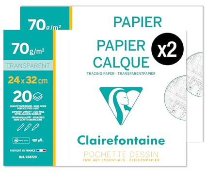 Clairefontaine 96872AMZC - Set di 2 buste per disegno scolastico, 20 fogli di carta da livello, altamente trasparente, 24 x 32 cm, 70/75 g, ideali per il disegno tecnico