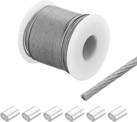 sourcing map Cuerda de alambre de 40 m, cable de acero inoxidable 304 de 1,2 mm, revestimiento de vinilo con 6 fundas de aluminio para colgar, tendederos, levantamiento transparente