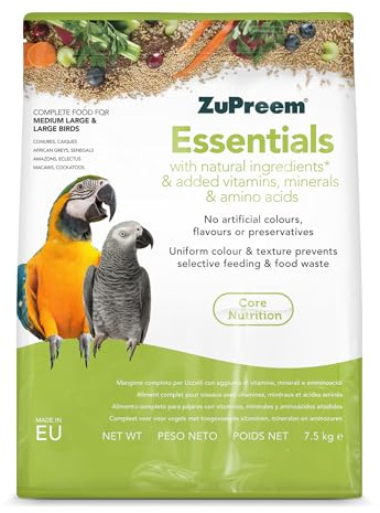 Zupreem Essentials Alimento para Aves de Compañía - Ingredientes Naturales - Pienso para Pájaros Indicado para Loros, Guacamayos, Cacatúas, Caiques y Otros Pájaros Medios-Grandes y Grandes - 7,5 kg