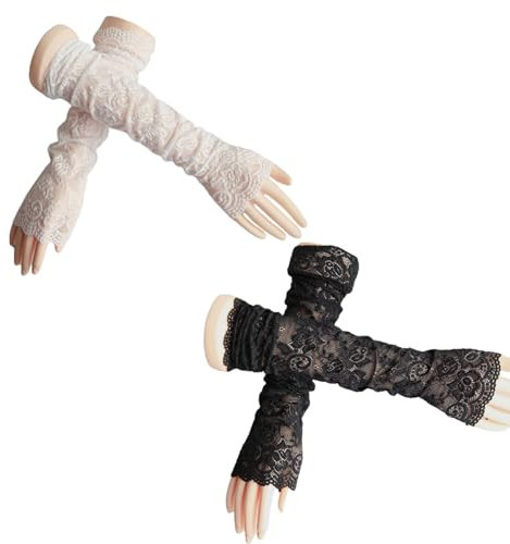 QTTRPCU 2 Paar Spitzenhandschuhe Schwarz, Lange Fingerlose Handschuhe Spitze für 1980er Jahre Party Teeparty Kleidungszubehör (Weiß/Schwarz)