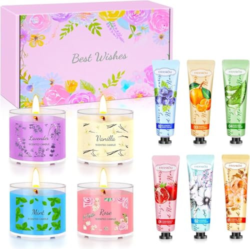 Candles Gifts for Women 4 Pack Scented Candle Set 6 Pack Hand Cream Gift Set Aromatherapy Candles Moisturizing Hand Cream Ideal for Birthday Christmas Valentine's Day Mother Teacher Friends