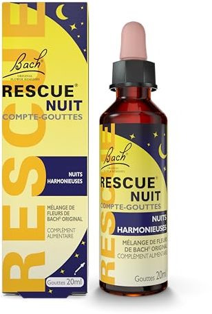 RESCUE NUIT - Compte-Gouttes - Mélange de 6 Fleurs de Bach Original - Nuits sereines & Se coucher avec l'esprit léger - Pensées obsédantes, cogitations - Naturel - 20ml