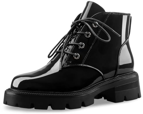 Perisis Women's Lug Sole Short Combat Boots Black Chunky Heel Platform Ankle Booties Comfy Flat Boot Lace Up Oxford Shoes with Side Zipper for Ladies Cute (black,7)