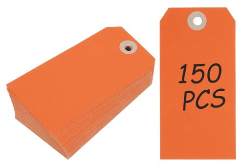 PATIKIL 150 st tomma fraktetiketter, 10 cm x 6 cm tjocka offsetpapper upphängningsetiketter pris presentetiketter etikett med förstärkt öljett hål för kläder garage gårdsförsäljning, orange