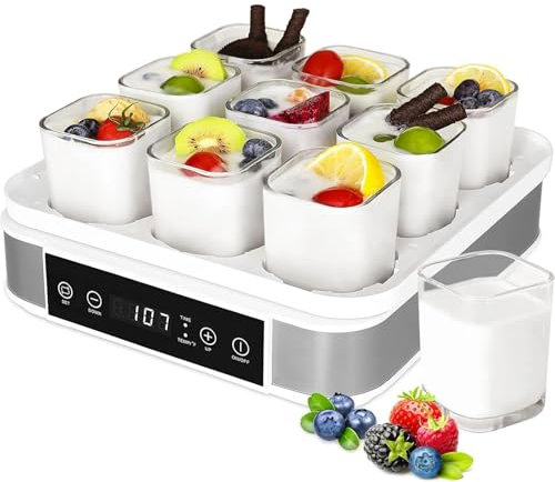 BESTXH Gris, Yogurtera Digital, Yogurtera Digital con Control De Temperatura Y Control De Tiempo, Altura De 5,7, 9 Tarros De Cristal De 52 Oz Yogurtera De Acero Inoxidable, para Postres