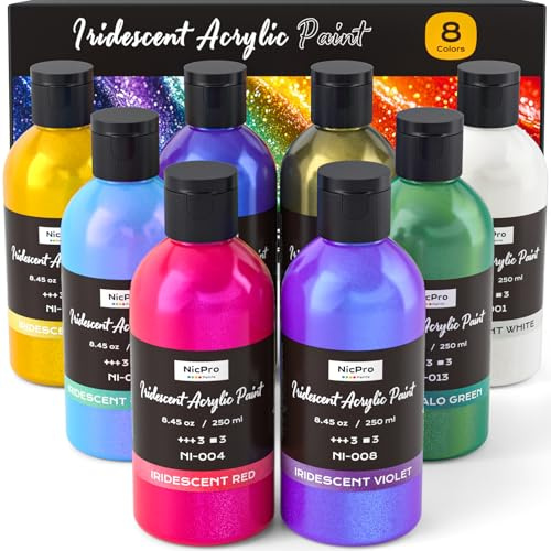 Nicpro 8 Colors Iridescent Acrylic Paint, 8.45oz / 250ml Large Bulk Metallic Acrylic Paint,Color Shifting & Non-Toxic Art Painting Supplies For Canvas Fabric Rock Wood with Color Wheel