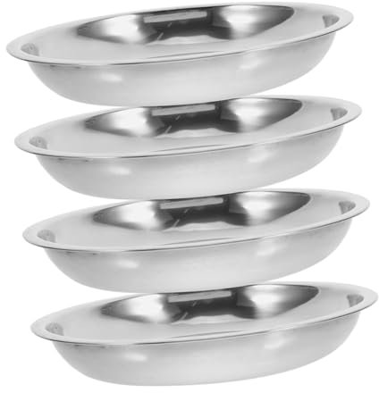 GRIRIW 4pcs Stainless Steel Shallow Cat Food Dish Wide Flat Plate Whisker Fatigue Relief for Small Dogs and Cats Pet Feeding Bowls