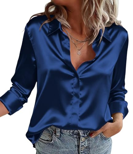 Zeagoo Camicia da Donna in Raso di Seta Camicetta Elegante Bluse Scollo a V Camicia a Maniche Lunghe Button Down a Tinta Unita Shirts Classico Tops Blu M