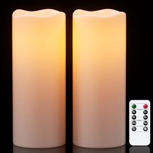 Eldnacele Candele impermeabili senza fiamma con funzione timer, alimentate a batteria, grandi candele a LED, telecomando per esterni, lanterne da giardino, luce tremolante, set da 2 pezzi (diametro 10