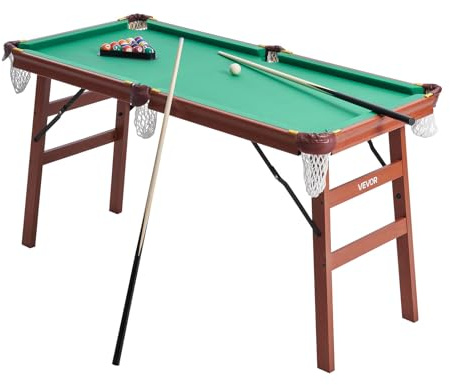 VEVOR Table de Billard 140 cm, kit de Billard Pliable et Portable, Ensemble d'accessoires complets avec Boule, Queue, Support, Craie, Brosse, pour Salle de Loisirs Familial, Marron avec Tissu Vert