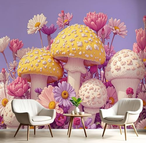 Carta Da Parati Effetto 3D 150X105Cm Funghi Naturali Fiori Fotomurali Murale Alla Moda Decorazione Da Muro Xxl Lavanda Viola Piante Hippie Per Salotto Camera Da Letto Ufficio Corridoio