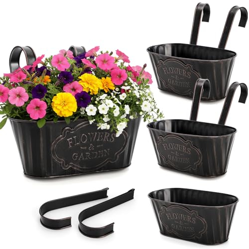 Lawei 4Pcs Vintage Metal Flower Pots Hanging Flower Pots 28cm Metal Iron Plant Pot Holders Fench Railing Balcony Garden Hanging Bucket Planters with Detachable Hook