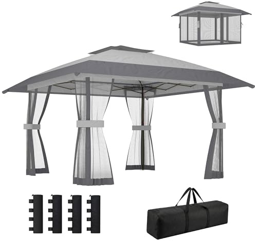 Outsunny Carpa Plegable 4x4 m, Pop-up, con Doble Techo, 4 Paredes Laterales de Malla, Cenador de Jardín con Altura Ajustable 3 Niveles, Bolsa de Transporte, UPF30+, Gazebo para Camping, Fiestas, Gris