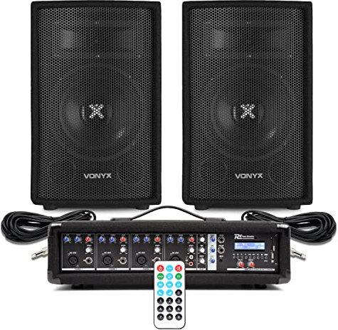 Small Band PA System with 2x 8-Inch Passive Speakers, 4-Channel Mixer Amplifier, Bluetooth, and Cables – Ideal PA System for Singers, Bands, Churches, and Live Events