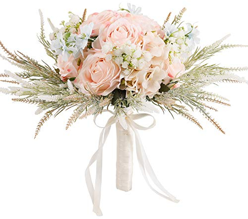 LESING Bouquets de mariée artificielles de 30 cm, Faits à la Main, Bouquets de Mariage romantiques pour mariée, Demoiselle d'honneur Tenant des Fleurs (Bouquet de Roses, Rose)