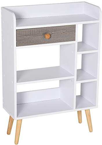 HOMCOM Bookcase, Freestanding Book Shelf with Storage Drawer, 6 Shelves and Wood Legs for Home Office Display, White and Grey, 24D x 60W x 86.8H cm