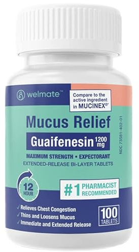 WELMATE - Mucus Relief - Guaifenesin 1200 mg Maximum Strength - Extended-Release Expectorant Tablets - Helps Clear Chest Congestion & Loosen Mucus - 12 Hour Relief - 100 Count