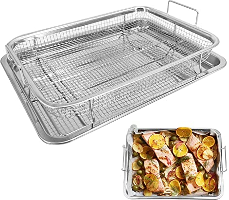 Teglia da Forno con Rastrelliera in Acciaio Inox,13x 9.6 x3.1 Teglia Vassoio Rettangolare per Raffreddare gli Alimenti,per Cuocere Pollo Croccante,Pane,Biscotti,Patatine Fritte e Anelli di Cipolla