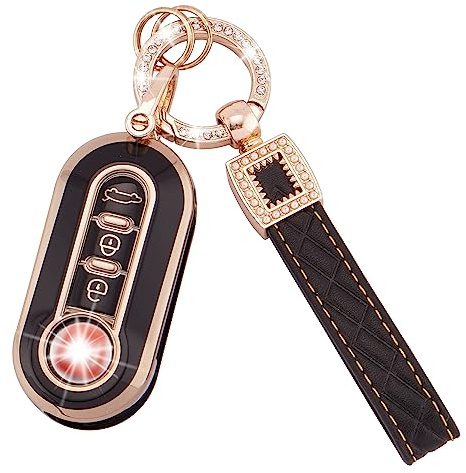 Koaudb Autoschlüssel Hülle Cover Passt für Fiat 500 500L Brava Bravo Fiorino Punto Panda Qubo Stilo Lancia 3 Tasten Schlüsseletui TPU Schlüsselhülle mit Lederanhänger Schlüsselanhänger (BP-Fia)