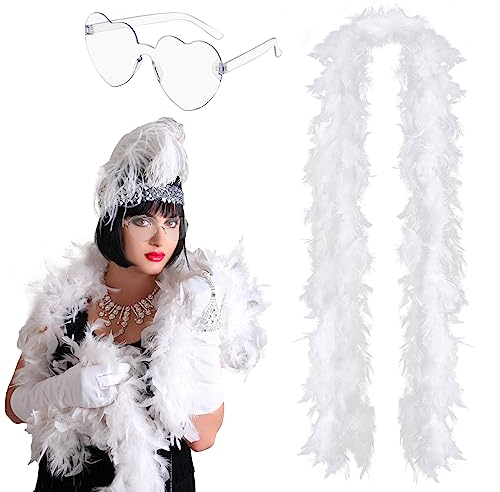 BETESSIN Federboa 200cm Weiß Federschal 60g mit Herz Brille Karneval Kostüm Accessoire 20er Jahre Charleston Flapper Fasching Mottoparty Cosplay Party Tischdeko Hochzeitsdeko