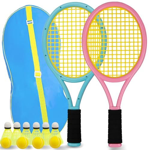 JHuiLap Kids Tennis Racket Set With Carry Bag Includes 2 Safe Plastic Rackets (17 Inch), 4 Sponge Balls & 6 Shuttlecocks, Lightweight for Children Indoor/Outdoor Sports (Blue&Pink)