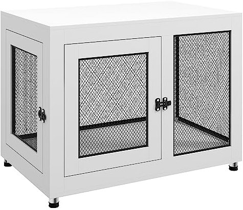 PawHut Dog Crate Furniture End Table w/Soft Washable Cushion, Two Doors, Indoor Pet Kennel for Small Medium Large Dogs w/Wire Mesh, White
